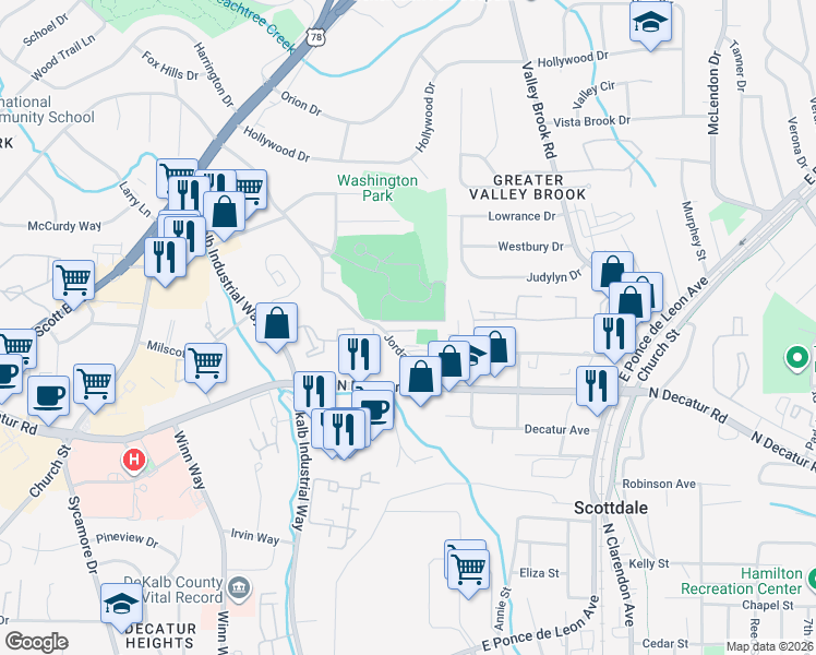 map of restaurants, bars, coffee shops, grocery stores, and more near 564 Jordan Lane in Decatur