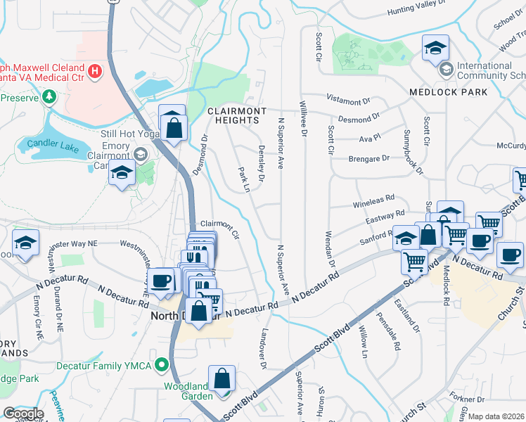 map of restaurants, bars, coffee shops, grocery stores, and more near 628 Park Lane in Decatur
