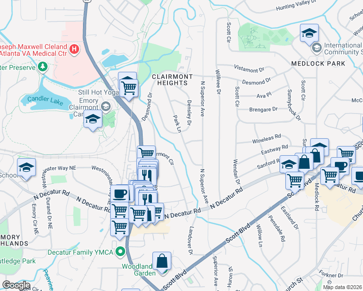 map of restaurants, bars, coffee shops, grocery stores, and more near 628 Park Lane in Decatur