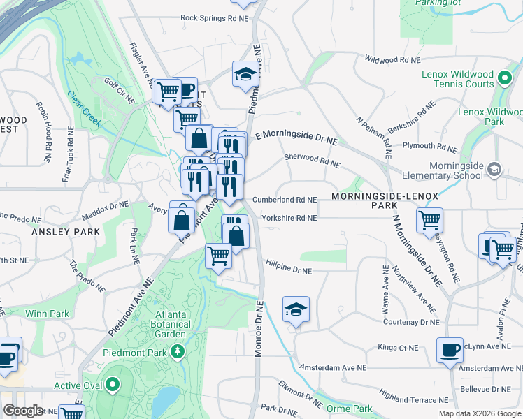 map of restaurants, bars, coffee shops, grocery stores, and more near 1480 Monroe Drive Northeast in Atlanta