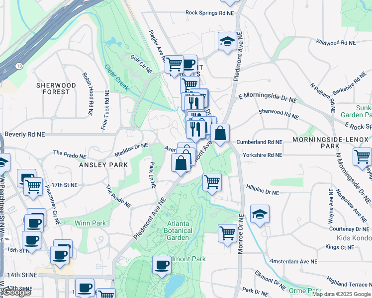 map of restaurants, bars, coffee shops, grocery stores, and more near 43 Avery Drive Northeast in Atlanta