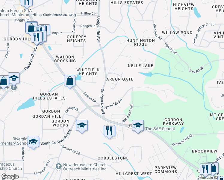 map of restaurants, bars, coffee shops, grocery stores, and more near 6620 Arbor Gate Drive Southwest in Mableton