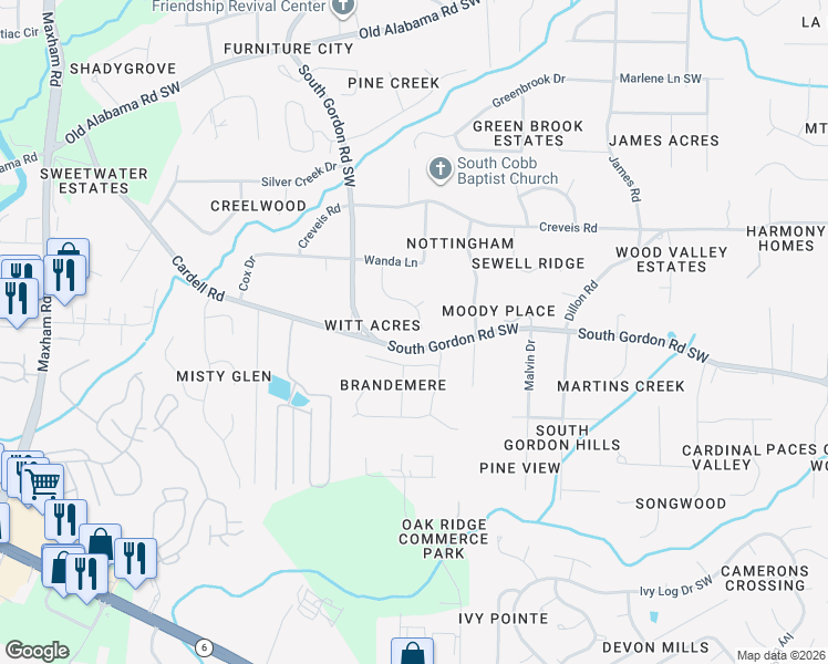 map of restaurants, bars, coffee shops, grocery stores, and more near 1614 Brandemere Lane in Austell