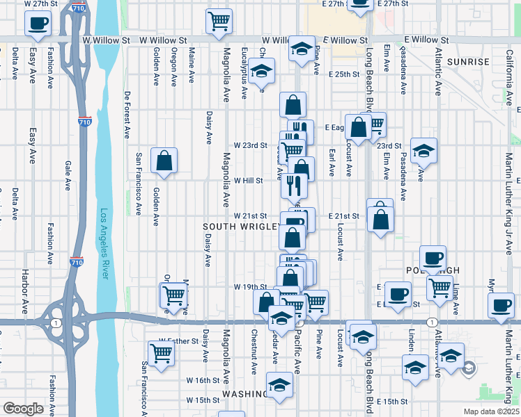 map of restaurants, bars, coffee shops, grocery stores, and more near 2117 Chestnut Avenue in Long Beach