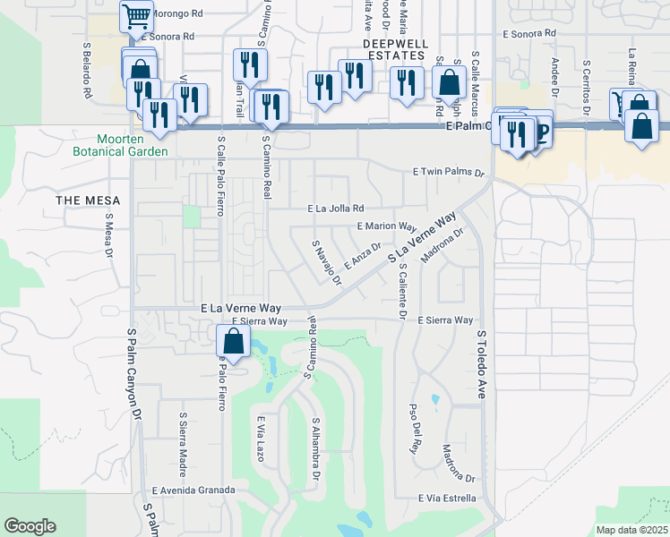 map of restaurants, bars, coffee shops, grocery stores, and more near 1992 South Navajo Drive in Palm Springs