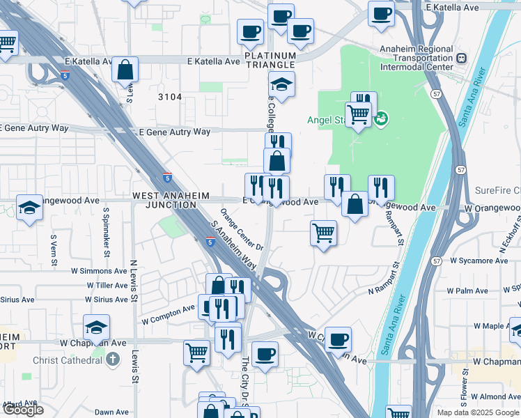 map of restaurants, bars, coffee shops, grocery stores, and more near 500 North State College Boulevard in Orange