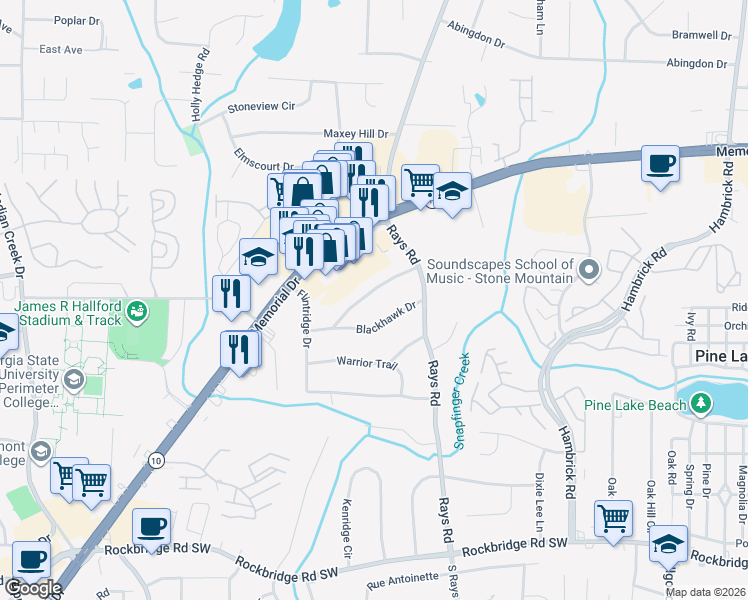 map of restaurants, bars, coffee shops, grocery stores, and more near 4117 Thunderbird Trail in Stone Mountain