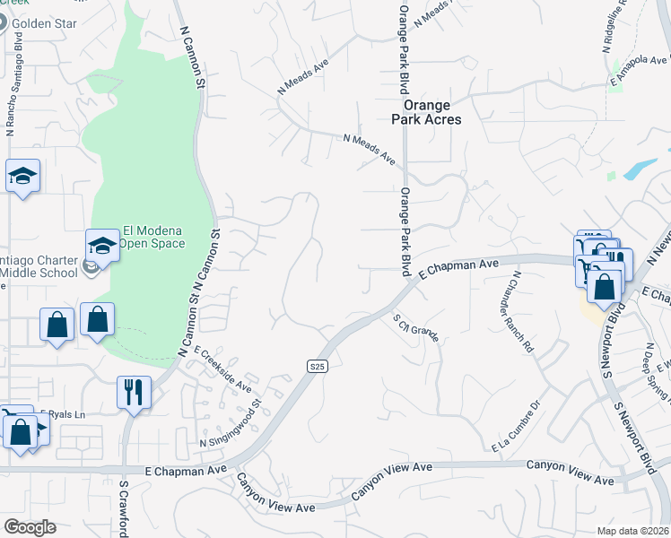 map of restaurants, bars, coffee shops, grocery stores, and more near 461 North Carlisle Place in Orange