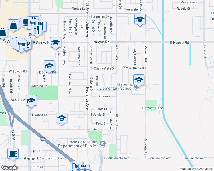 map of restaurants, bars, coffee shops, grocery stores, and more near 1081 Mako Lane in Perris
