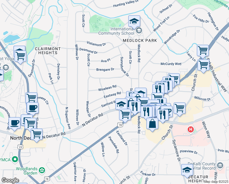 map of restaurants, bars, coffee shops, grocery stores, and more near 2342 Eastway Road in Decatur