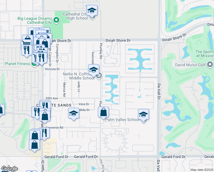 map of restaurants, bars, coffee shops, grocery stores, and more near 9 Lake Como Court in Rancho Mirage