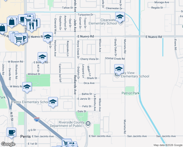 map of restaurants, bars, coffee shops, grocery stores, and more near 1081 Mako Lane in Perris