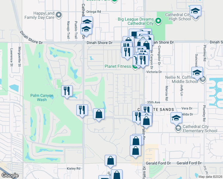 map of restaurants, bars, coffee shops, grocery stores, and more near 68732 Calle Tafalla in Cathedral City