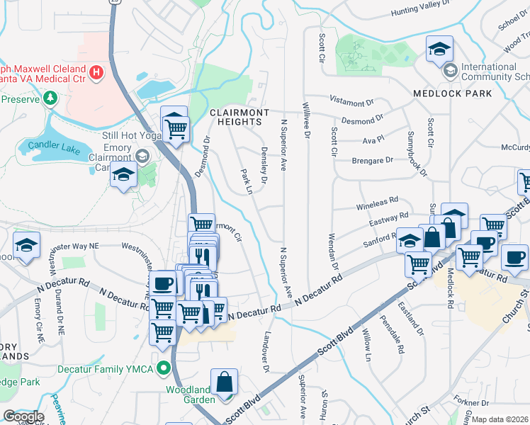 map of restaurants, bars, coffee shops, grocery stores, and more near 628 Park Lane in Decatur