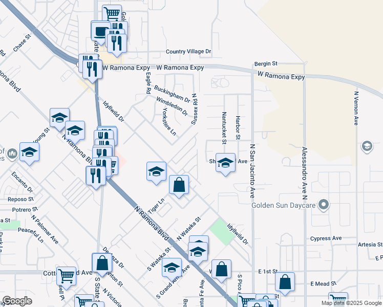 map of restaurants, bars, coffee shops, grocery stores, and more near 700 Laxford Road in San Jacinto