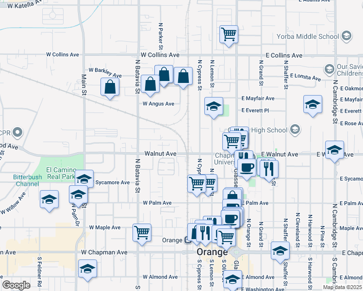 map of restaurants, bars, coffee shops, grocery stores, and more near 520 W Walnut Ave in Orange