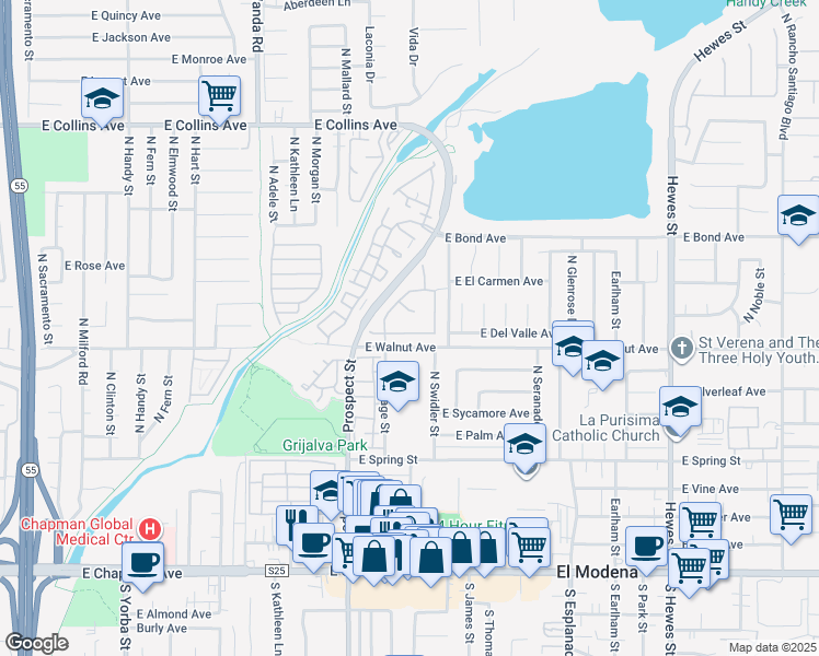 map of restaurants, bars, coffee shops, grocery stores, and more near 3527 East Barrington Drive in Orange