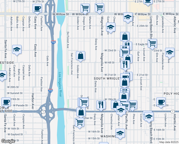 map of restaurants, bars, coffee shops, grocery stores, and more near 2120 Maine Avenue in Long Beach