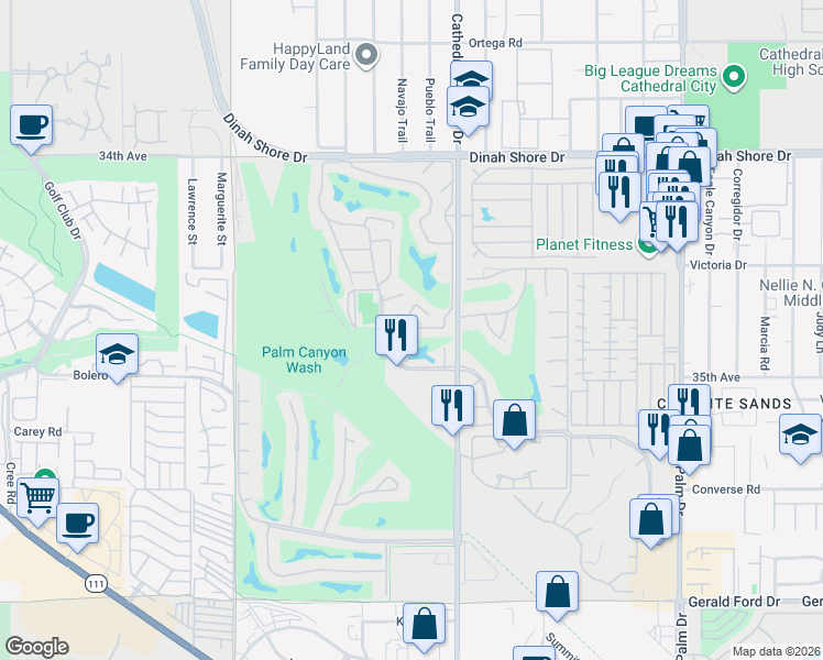 map of restaurants, bars, coffee shops, grocery stores, and more near 68415 Camino Jalan in Cathedral City