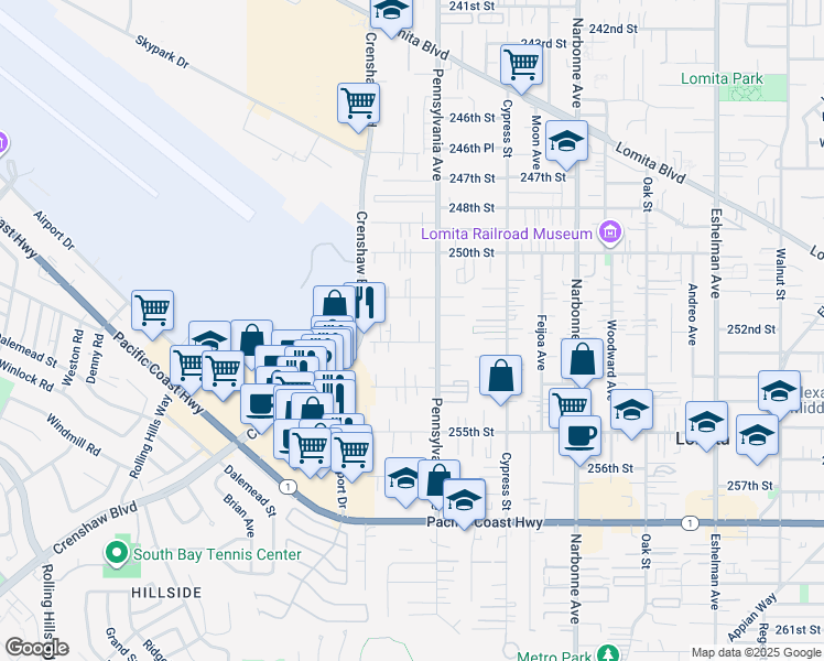 map of restaurants, bars, coffee shops, grocery stores, and more near 2429 West 253rd Street in Lomita