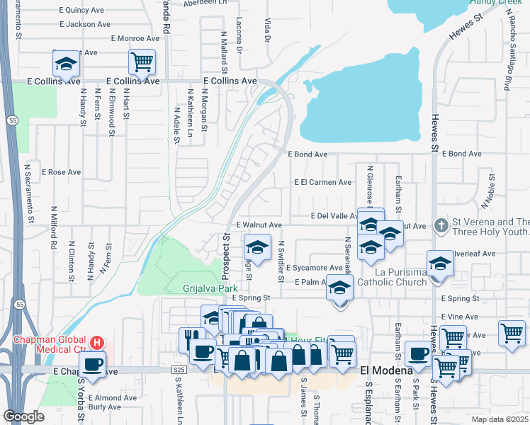 map of restaurants, bars, coffee shops, grocery stores, and more near 3527 East Barrington Drive in Orange