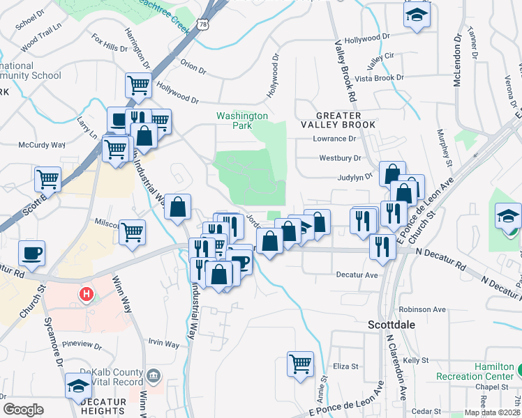 map of restaurants, bars, coffee shops, grocery stores, and more near 2860 Jordan Oaks Lane in Decatur