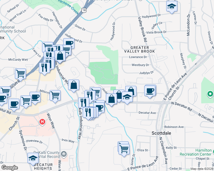 map of restaurants, bars, coffee shops, grocery stores, and more near 632 Jordan Lane in Decatur
