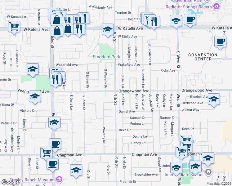 map of restaurants, bars, coffee shops, grocery stores, and more near 8100 West Orangewood Avenue in Anaheim