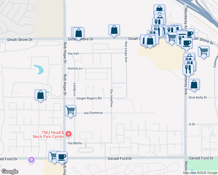 map of restaurants, bars, coffee shops, grocery stores, and more near 34777 Via Josefina in Rancho Mirage