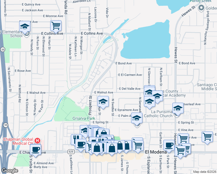 map of restaurants, bars, coffee shops, grocery stores, and more near 3517 East Baron Court in Orange