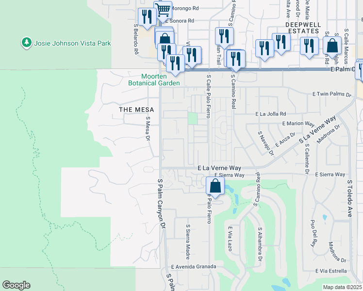 map of restaurants, bars, coffee shops, grocery stores, and more near 2029 Ramitas Way in Palm Springs