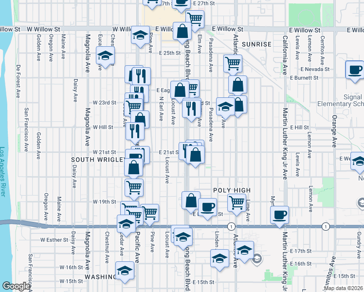 map of restaurants, bars, coffee shops, grocery stores, and more near 2121 Long Beach Boulevard in Long Beach