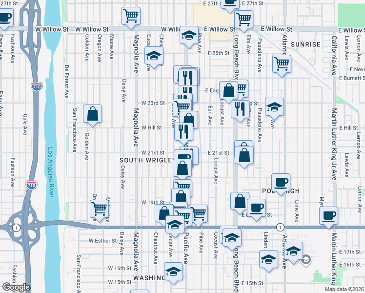 map of restaurants, bars, coffee shops, grocery stores, and more near 2119 Pacific Avenue in Long Beach
