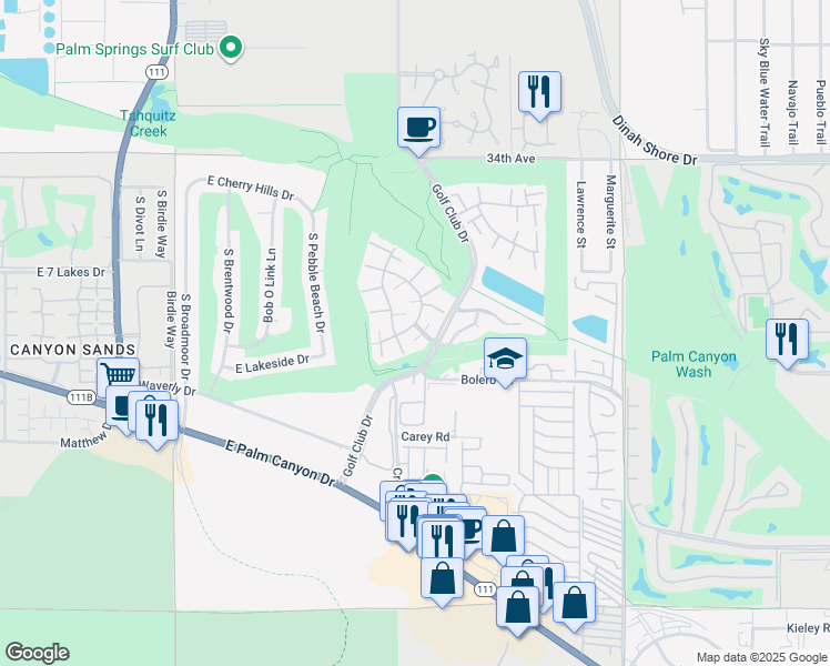 map of restaurants, bars, coffee shops, grocery stores, and more near 5803 Los Santos Drive in Palm Springs