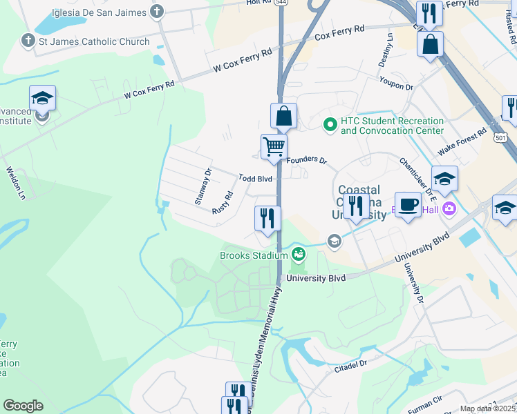 map of restaurants, bars, coffee shops, grocery stores, and more near 615 Carter Lane in Conway