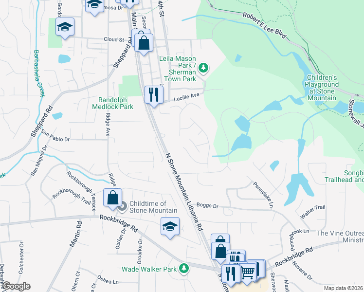 map of restaurants, bars, coffee shops, grocery stores, and more near 674 Pepperwood Trail in Stone Mountain
