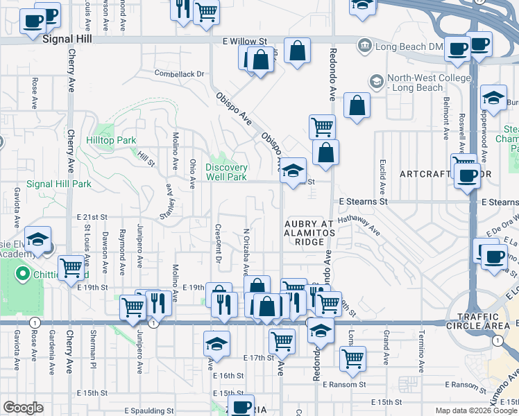 map of restaurants, bars, coffee shops, grocery stores, and more near 2160 Ridgeview Terrace Drive in Long Beach