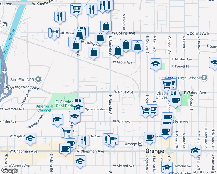 map of restaurants, bars, coffee shops, grocery stores, and more near 528 North Batavia Street in Orange