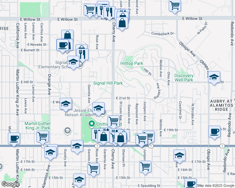 map of restaurants, bars, coffee shops, grocery stores, and more near 2001 East 21st Street in Signal Hill
