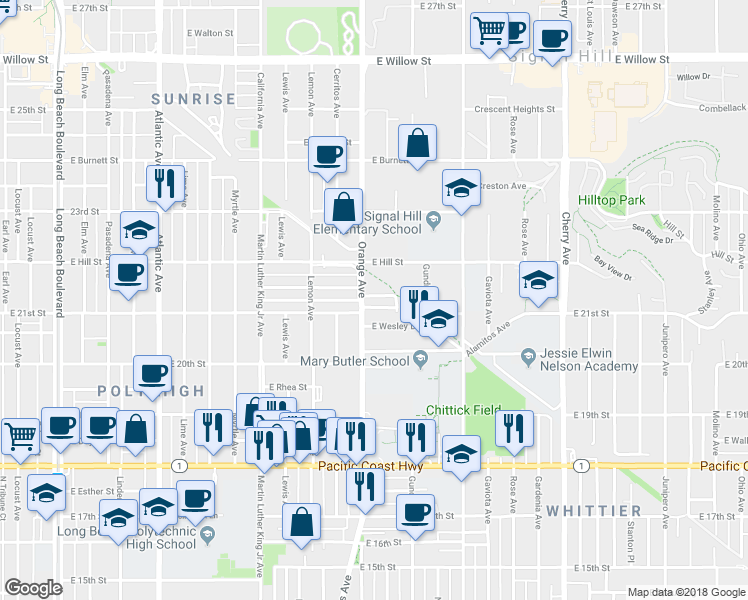 map of restaurants, bars, coffee shops, grocery stores, and more near 1204 East Smith Place in Long Beach