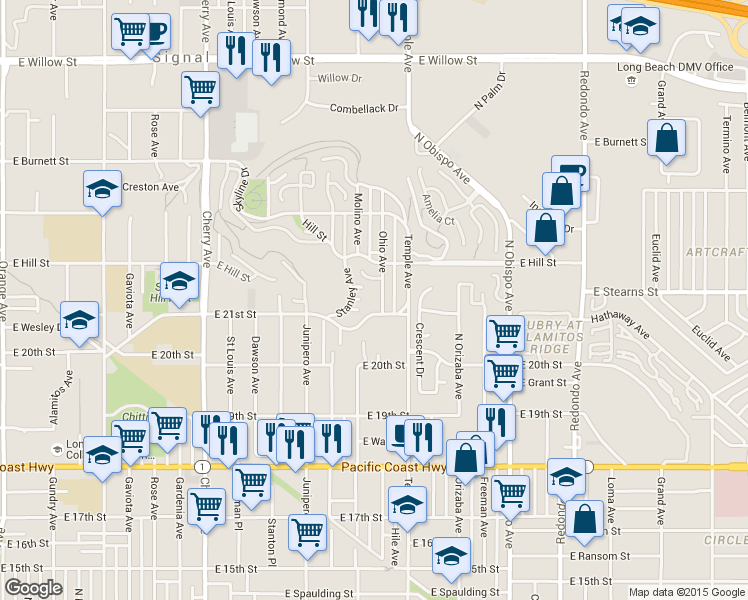 map of restaurants, bars, coffee shops, grocery stores, and more near 2115 Ohio Avenue in Signal Hill