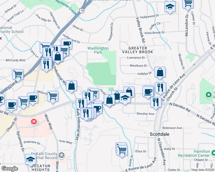 map of restaurants, bars, coffee shops, grocery stores, and more near 2860 Jordan Oaks Lane in Decatur
