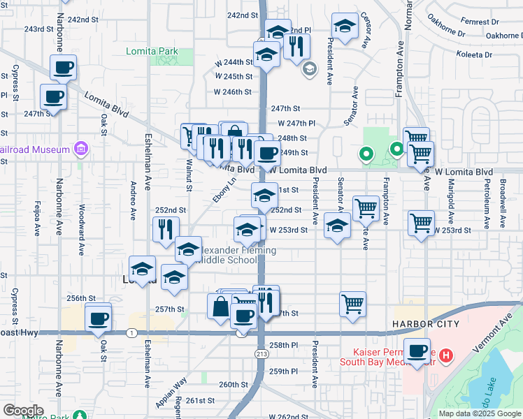 map of restaurants, bars, coffee shops, grocery stores, and more near 1616 252nd Street in Los Angeles