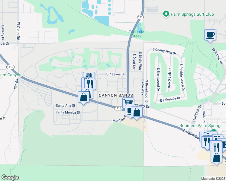map of restaurants, bars, coffee shops, grocery stores, and more near 2488 East Miramonte Circle in Palm Springs