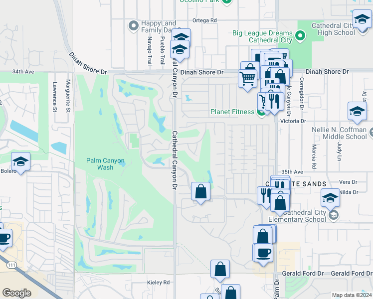 map of restaurants, bars, coffee shops, grocery stores, and more near 34855 Calle Sama in Cathedral City