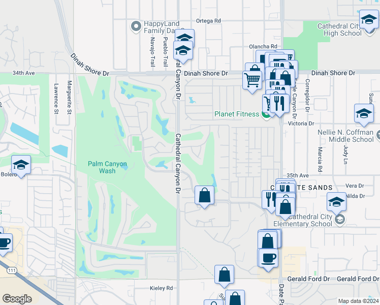map of restaurants, bars, coffee shops, grocery stores, and more near 34855 Calle Sama in Cathedral City