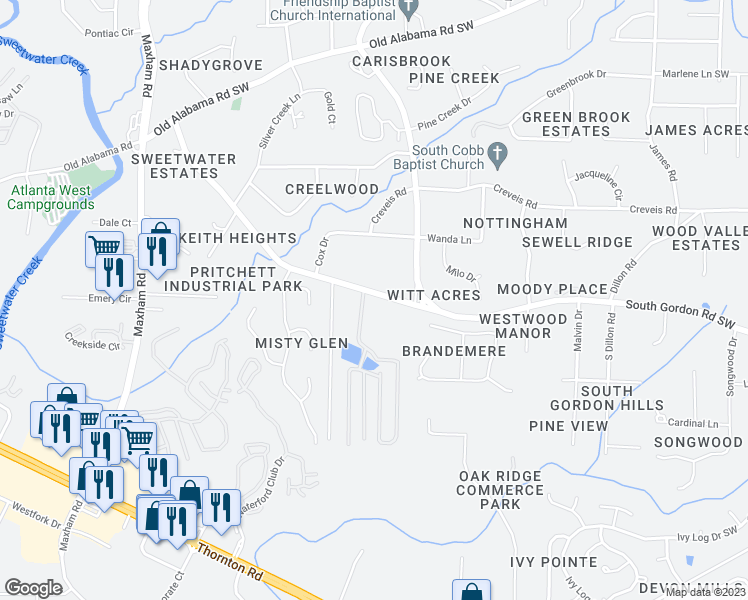 map of restaurants, bars, coffee shops, grocery stores, and more near 1903 Cardell Road in Austell