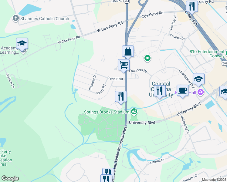 map of restaurants, bars, coffee shops, grocery stores, and more near 604 Lesia Lane in Conway