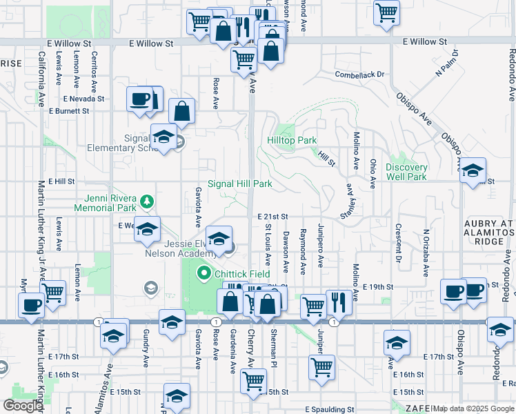 map of restaurants, bars, coffee shops, grocery stores, and more near 2001 East 21st Street in Signal Hill