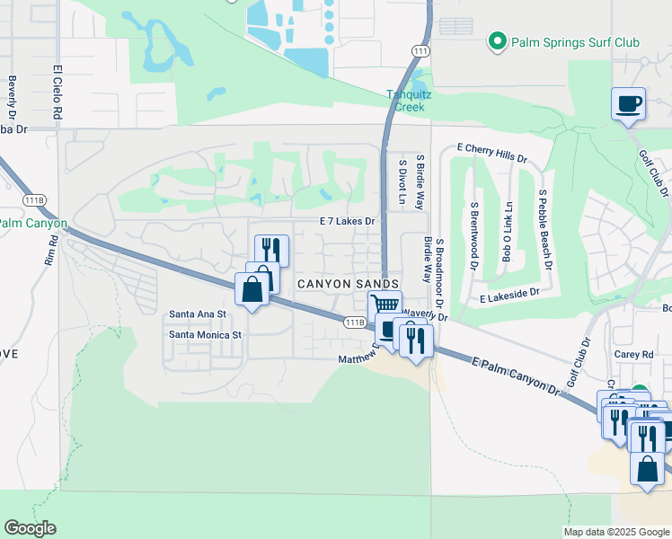 map of restaurants, bars, coffee shops, grocery stores, and more near 2269 Mira Monte Circle West in Palm Springs